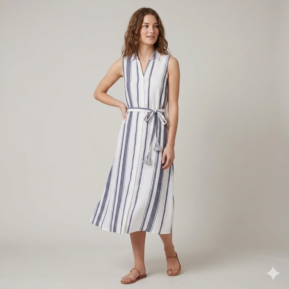 Paparazzi Striped Shirt Dress Womens Small Blue White Linen Blend Coastal Boho